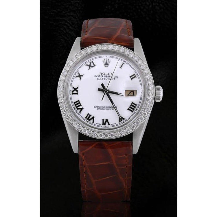 Roman Dial Diamond Bezel Watch Brown Leather Band Ss