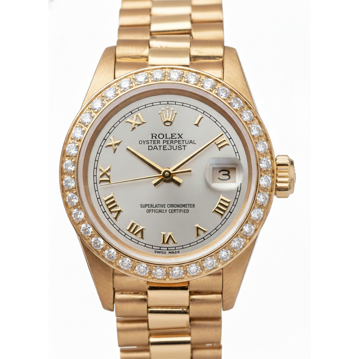 Dj Rolex Gold President Style Watch White Roman Dial Diamond Bezel