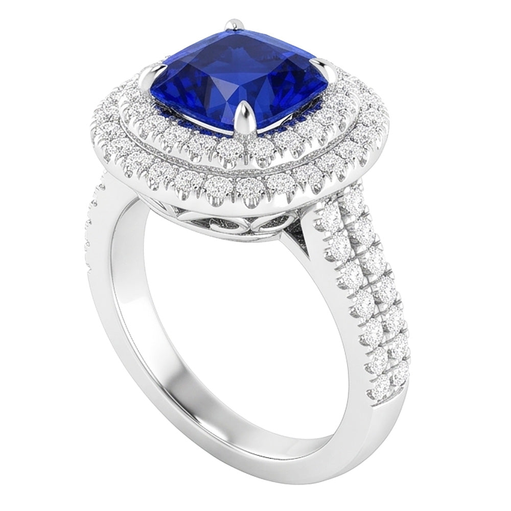 Double Halo Cushion Blue Sapphire Ring Pave Split Shank 4.50 Carats