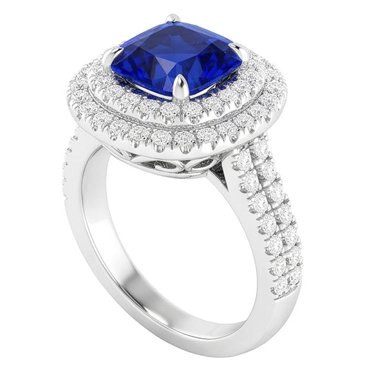 Double Halo Cushion Blue Sapphire Ring Pave Split Shank 4.50 Carats