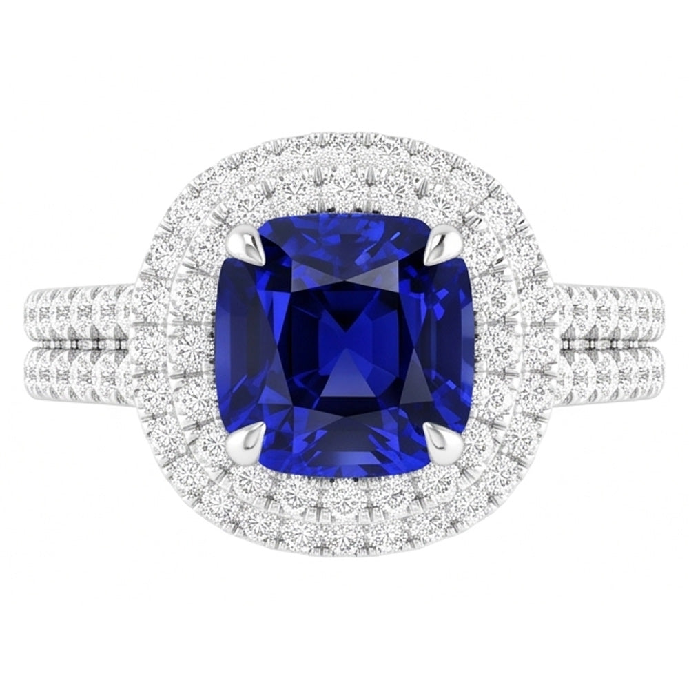 Double Halo Cushion Blue Sapphire Ring Pave Split Shank 4.50 Carats