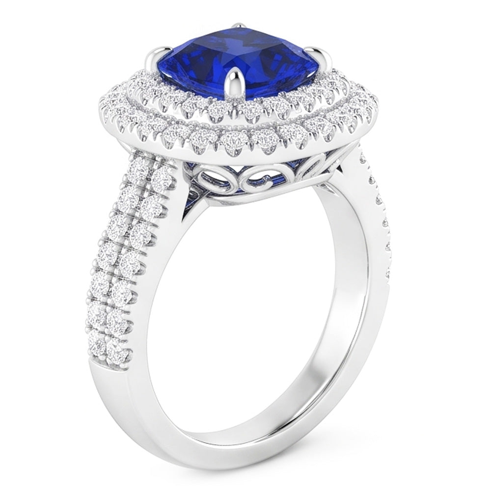 Double Halo Cushion Blue Sapphire Ring Pave Split Shank 4.50 Carats