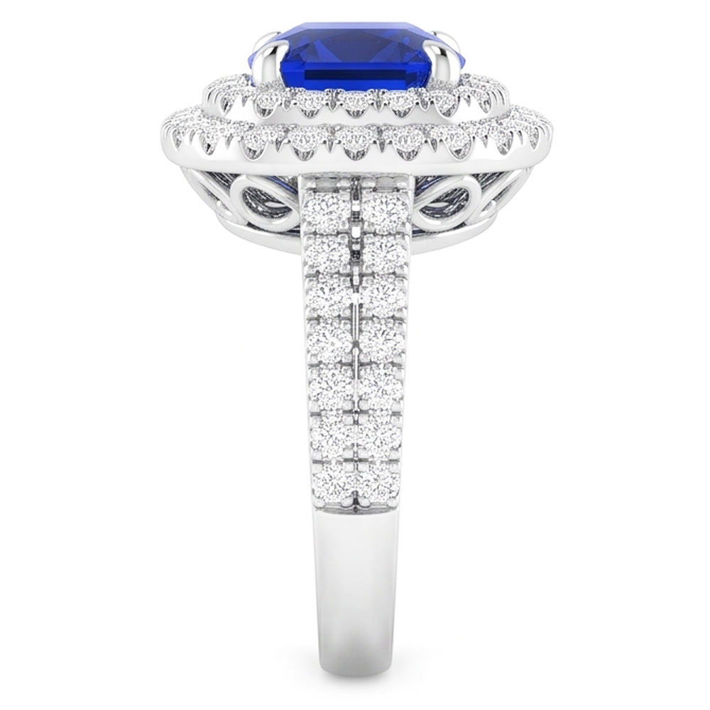 Double Halo Cushion Blue Sapphire Ring Pave Split Shank 4.50 Carats