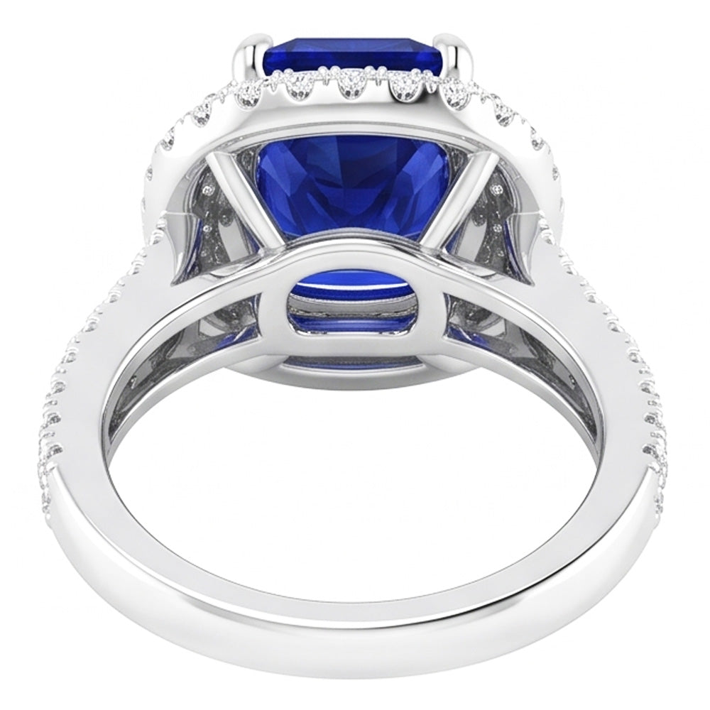 Double Halo Cushion Blue Sapphire Ring Pave Split Shank 4.50 Carats