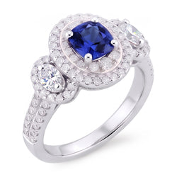 Double Halo Cushion Sapphire Ring 3 Carats White Gold 14K