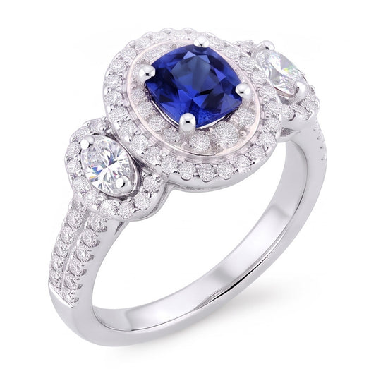 Double Halo Cushion Sapphire Ring 3 Carats White Gold 14K