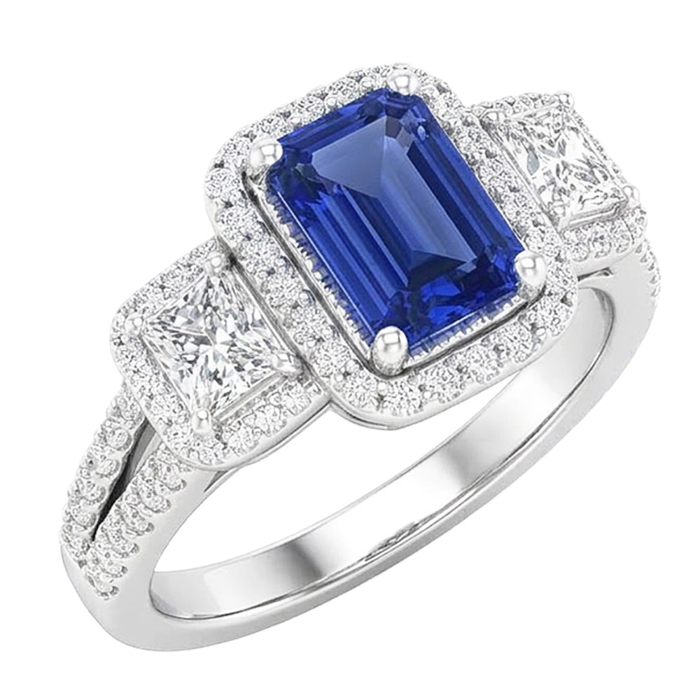 Double Halo Emerald Cut Ring Ceylon Sapphire 4.50 Carats Split Shank