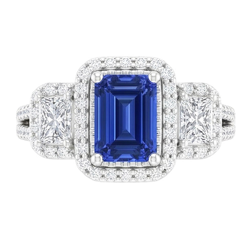 Double Halo Emerald Cut Ring Ceylon Sapphire 4.50 Carats Split Shank