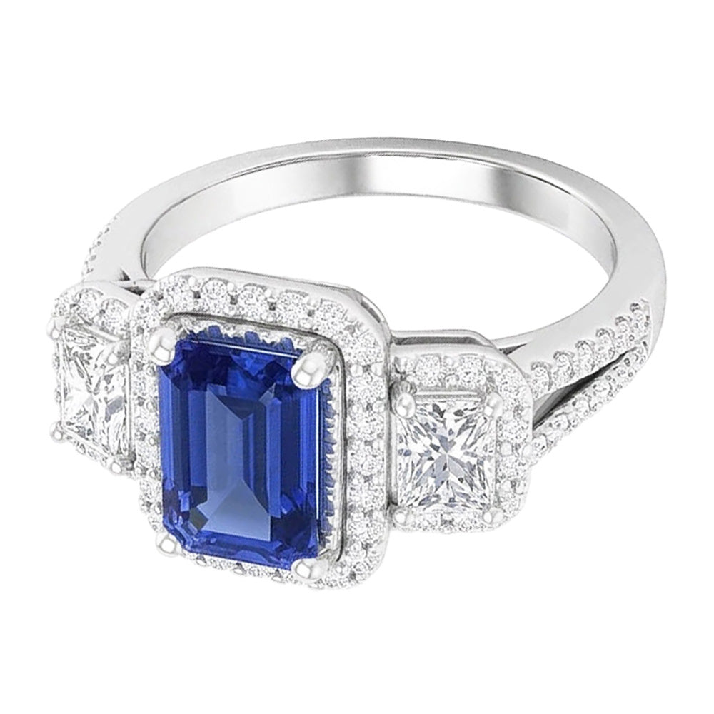 Double Halo Emerald Cut Ring Ceylon Sapphire 4.50 Carats Split Shank