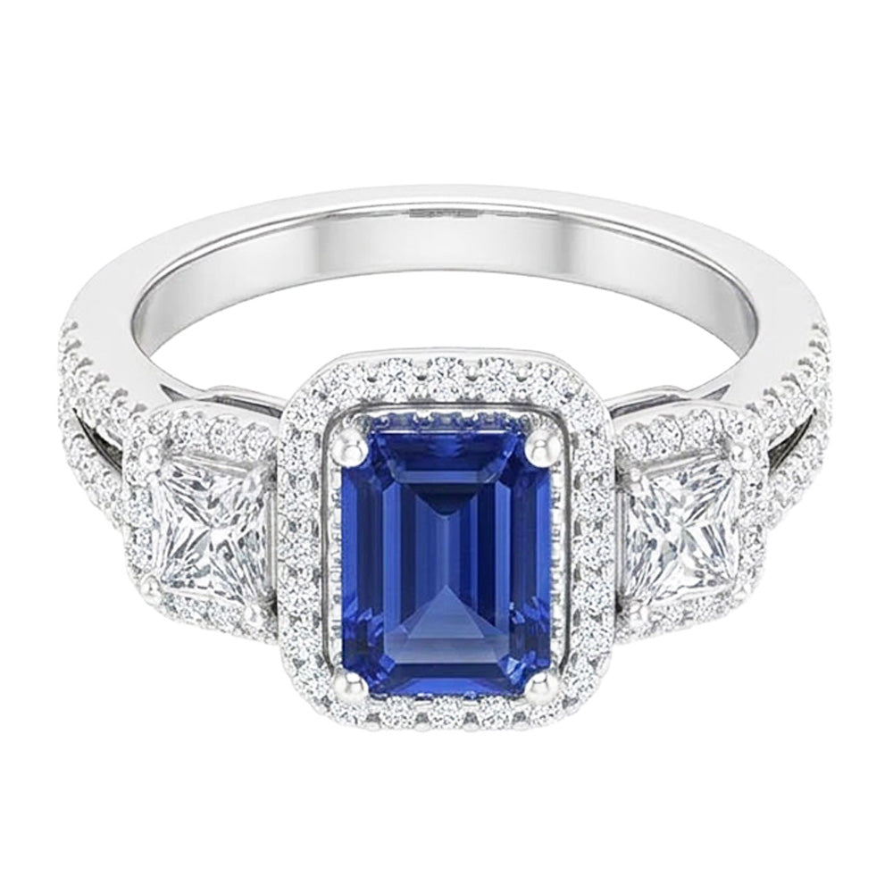 Double Halo Emerald Cut Ring Ceylon Sapphire 4.50 Carats Split Shank