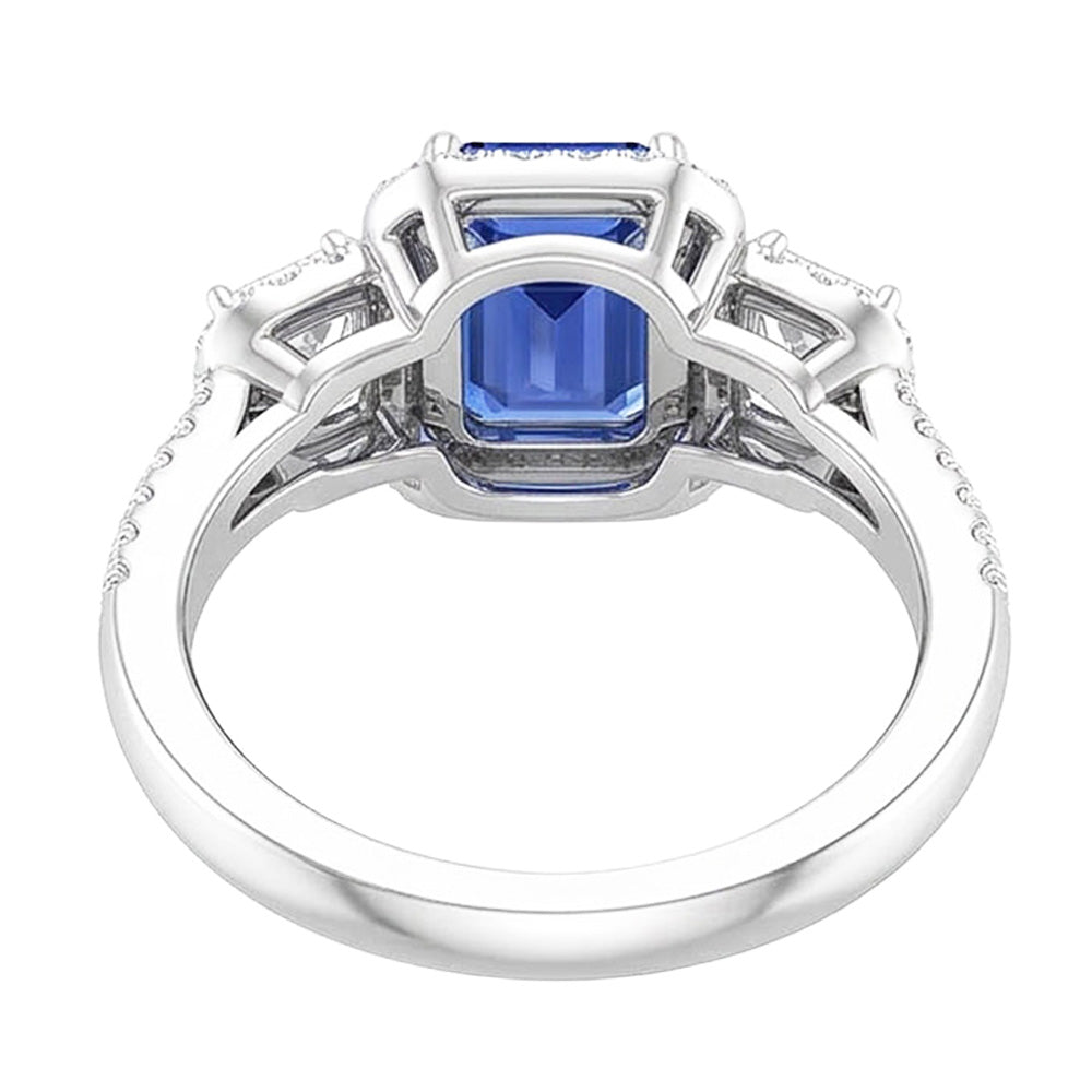 Double Halo Emerald Cut Ring Ceylon Sapphire 4.50 Carats Split Shank