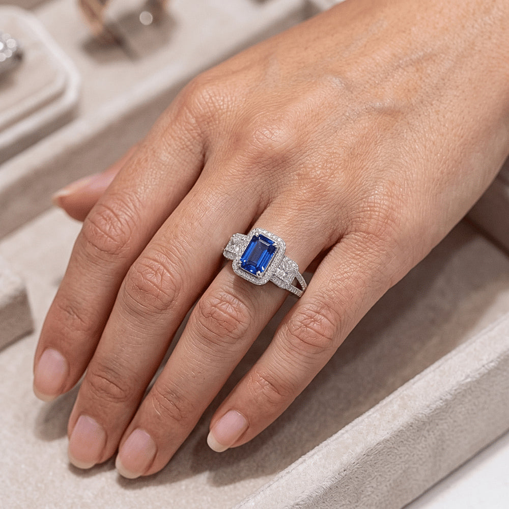 Double Halo Emerald Cut Ring Ceylon Sapphire 4.50 Carats Split Shank