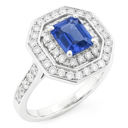 Double Halo Emerald Sapphire Ring 2.50 Carats Round Natural Earth Mined Diamond ( Not Lab Grown )s Prong Set