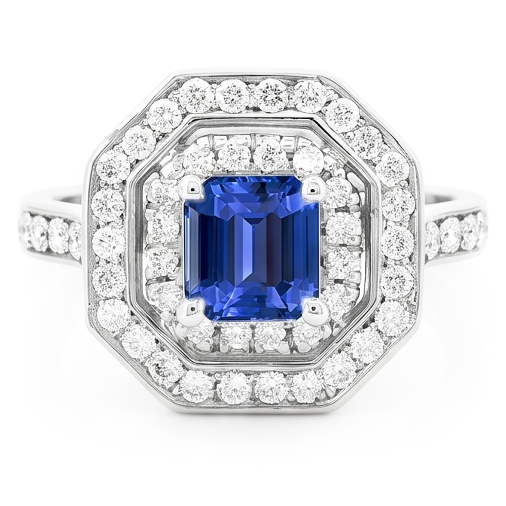Double Halo Emerald Sapphire Ring 2.50 Carats Round Natural Earth Mined Diamond ( Not Lab Grown )s Prong Set