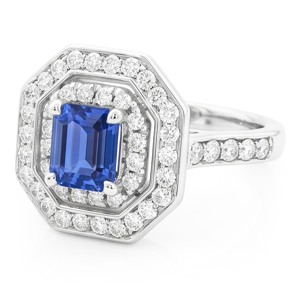 Double Halo Emerald Sapphire Ring 2.50 Carats Round Natural Earth Mined Diamond ( Not Lab Grown )s Prong Set
