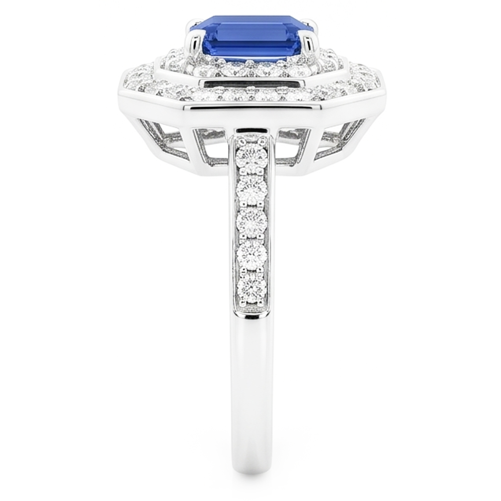 Double Halo Emerald Sapphire Ring 2.50 Carats Round Natural Earth Mined Diamond ( Not Lab Grown )s Prong Set