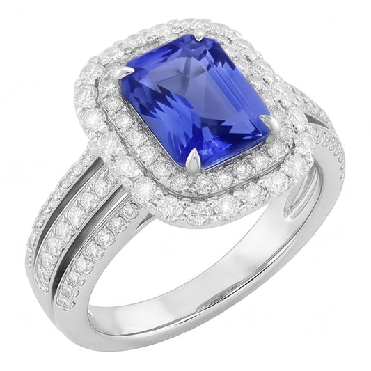 Double Halo Engagement Ring Radiant Sapphire 6 Carats Natural Earth Mined Diamond ( Not Lab Grown )s