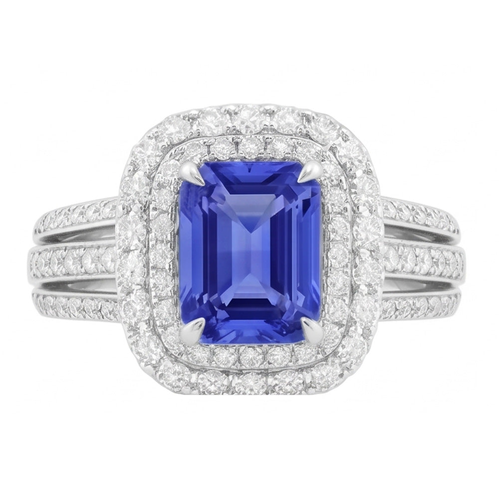 Double Halo Engagement Ring Radiant Sapphire 6 Carats Natural Earth Mined Diamond ( Not Lab Grown )s