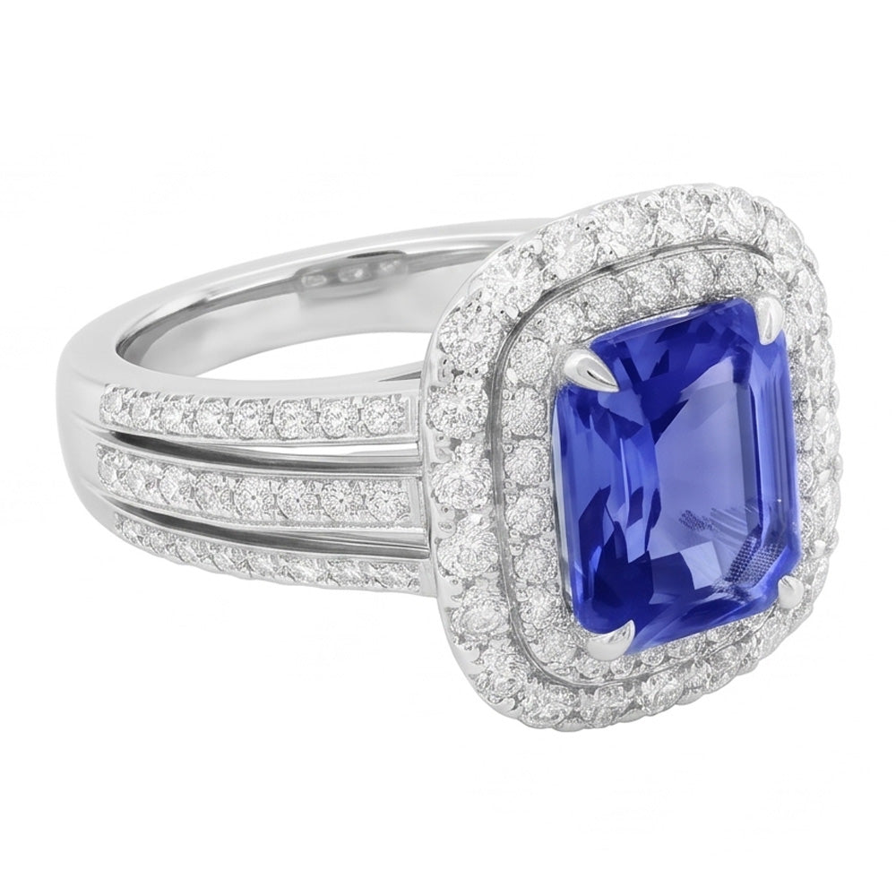 Double Halo Engagement Ring Radiant Sapphire 6 Carats Natural Earth Mined Diamond ( Not Lab Grown )s