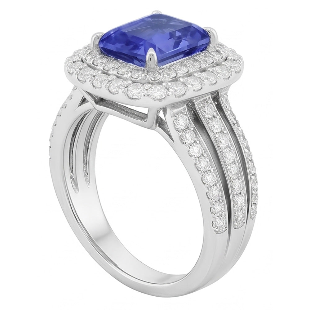 Double Halo Engagement Ring Radiant Sapphire 6 Carats Natural Earth Mined Diamond ( Not Lab Grown )s