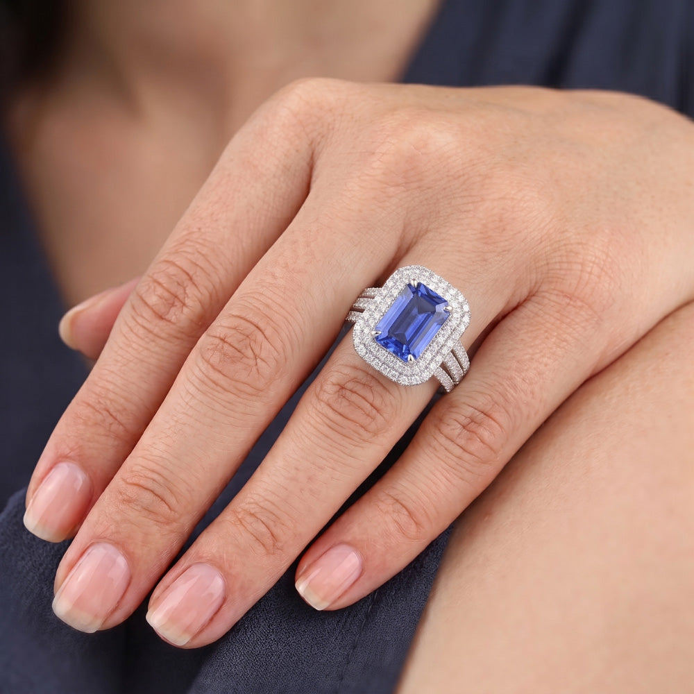 Double Halo Engagement Ring Radiant Sapphire 6 Carats Natural Earth Mined Diamond ( Not Lab Grown )s