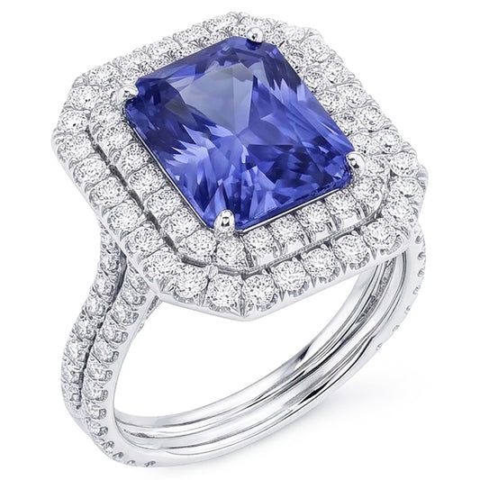 Double Halo Natural Earth Mined Diamond ( Not Lab Grown ) Gold Sapphire Engagement Ring Split Shank 4 Carats