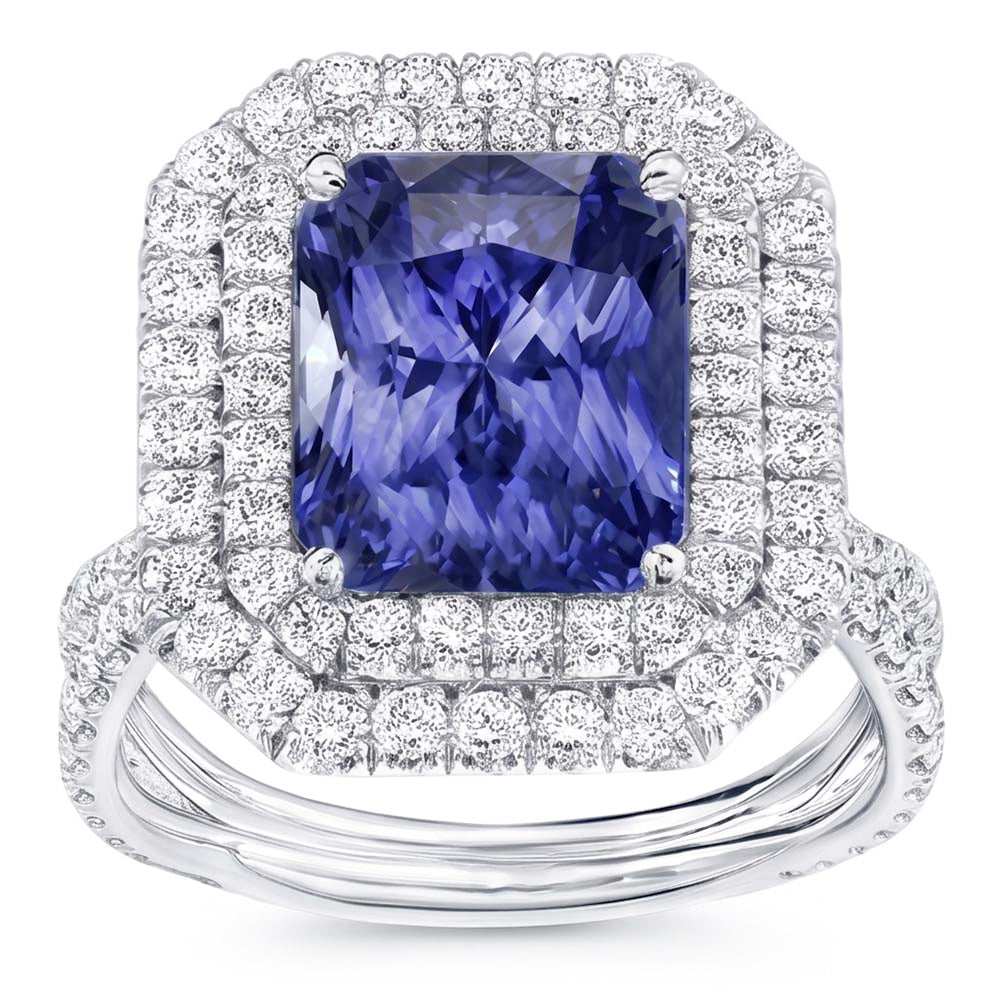 Double Halo Natural Earth Mined Diamond ( Not Lab Grown ) Gold Sapphire Engagement Ring Split Shank 4 Carats