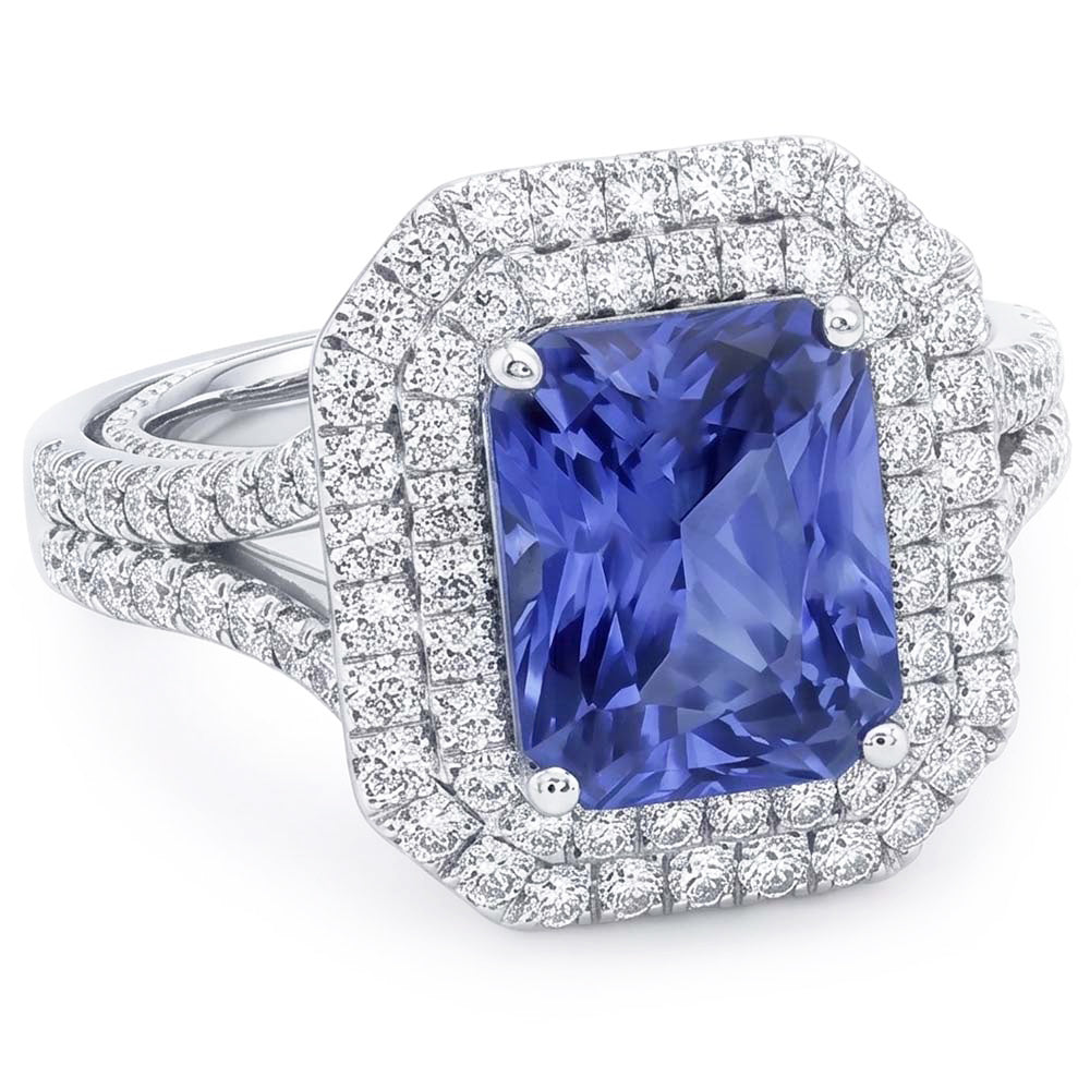 Double Halo Natural Earth Mined Diamond ( Not Lab Grown ) Gold Sapphire Engagement Ring Split Shank 4 Carats