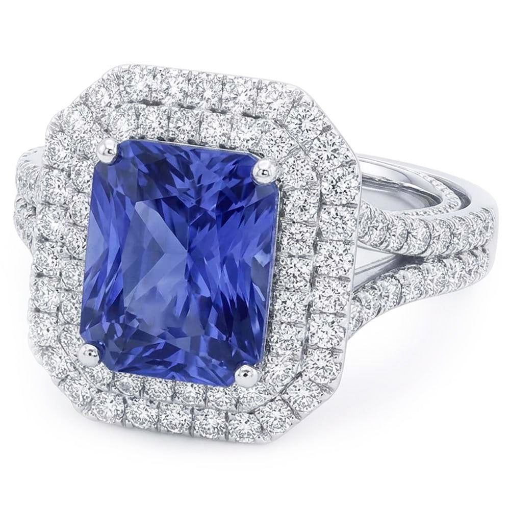 Double Halo Natural Earth Mined Diamond ( Not Lab Grown ) Gold Sapphire Engagement Ring Split Shank 4 Carats