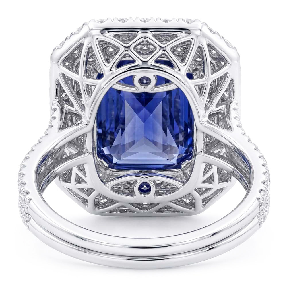 Double Halo Natural Earth Mined Diamond ( Not Lab Grown ) Gold Sapphire Engagement Ring Split Shank 4 Carats