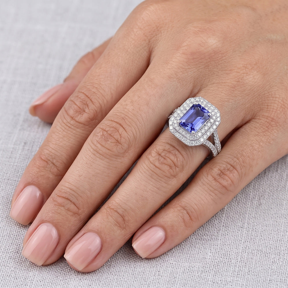Double Halo Natural Earth Mined Diamond ( Not Lab Grown ) Gold Sapphire Engagement Ring Split Shank 4 Carats