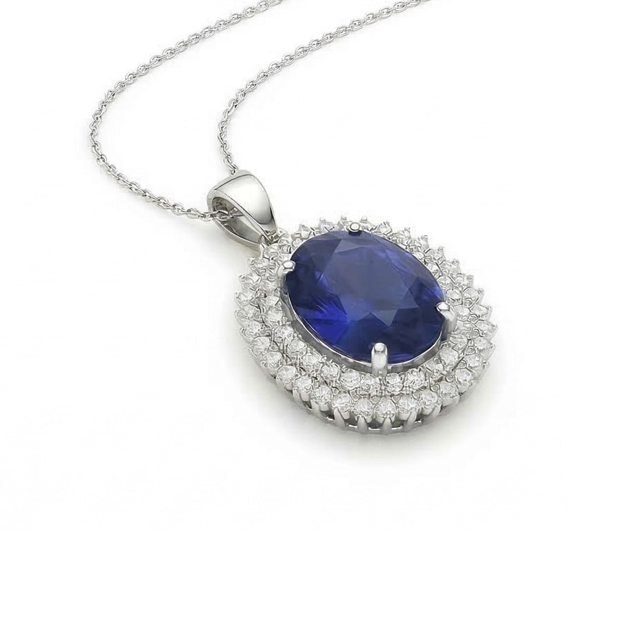 Double Halo Pendant Oval Dark Blue Sapphire & Natural Earth Mined Diamond ( Not Lab Grown ) 4.75 Carats