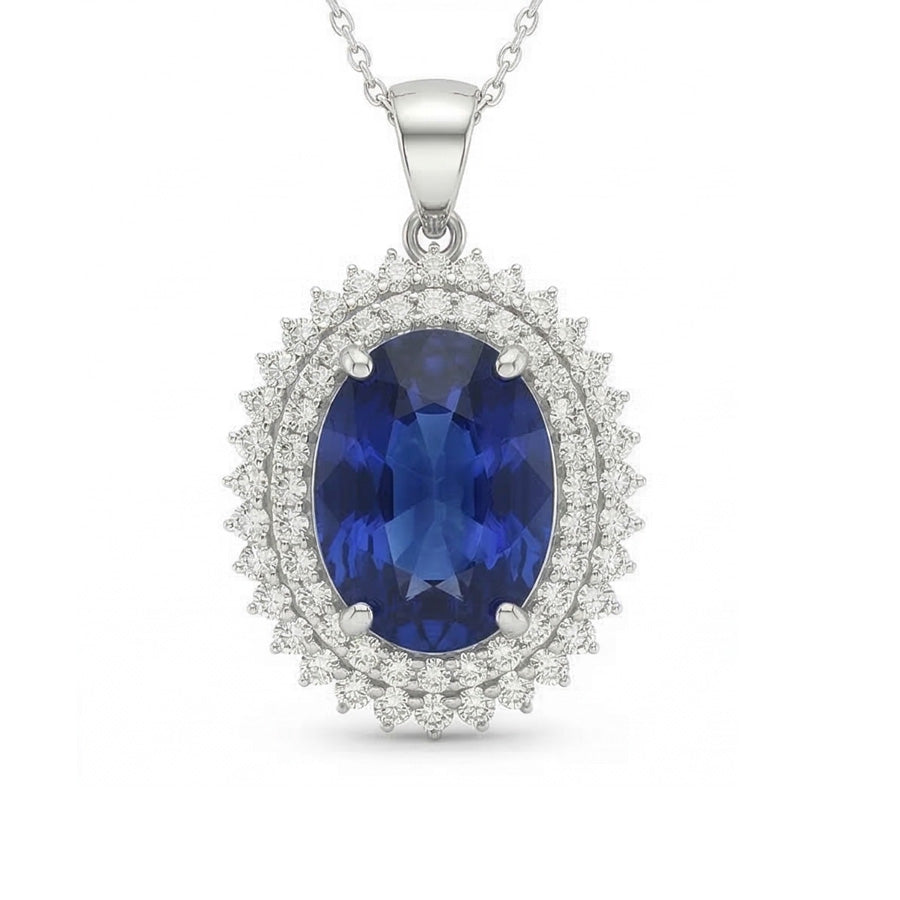 Double Halo Pendant Oval Dark Blue Sapphire & Natural Earth Mined Diamond ( Not Lab Grown ) 4.75 Carats