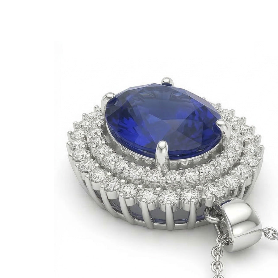 Double Halo Pendant Oval Dark Blue Sapphire & Natural Earth Mined Diamond ( Not Lab Grown ) 4.75 Carats
