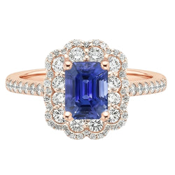 Double Halo Ring Emerald Sri Lankan Sapphire & Natural Earth Mined Diamond ( Not Lab Grown ) 5 Carats