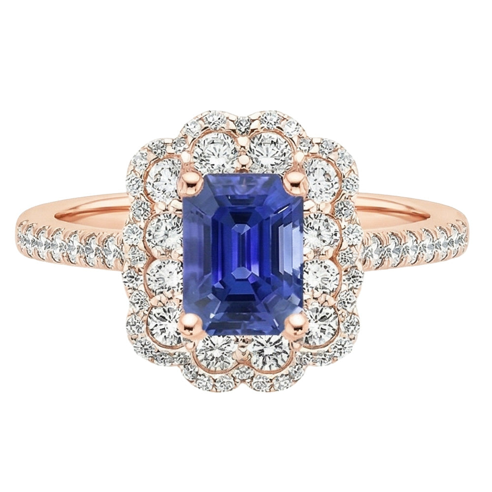 Double Halo Ring Emerald Sri Lankan Sapphire & Natural Earth Mined Diamond ( Not Lab Grown ) 5 Carats