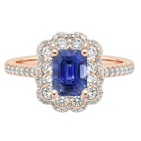 Double Halo Ring Emerald Sri Lankan Sapphire & Natural Earth Mined Diamond ( Not Lab Grown ) 5 Carats