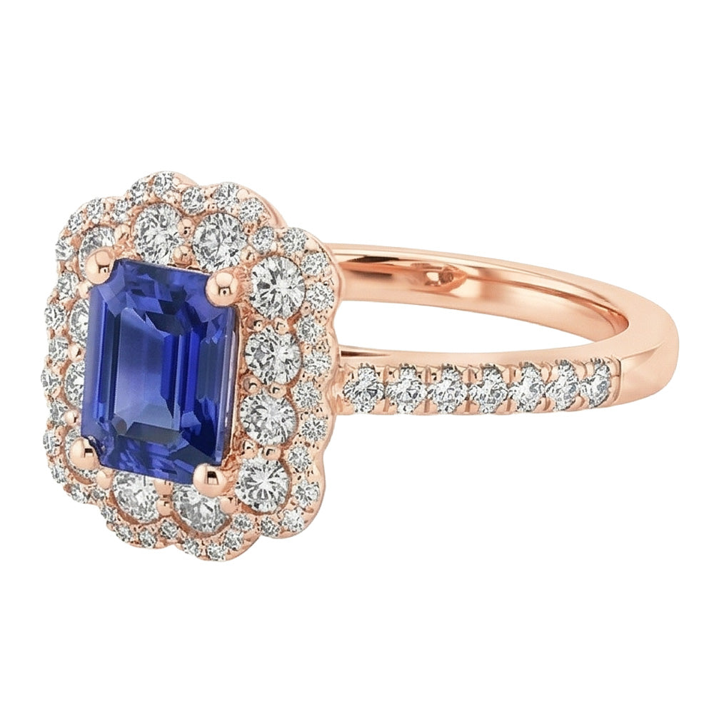 Double Halo Ring Emerald Sri Lankan Sapphire & Natural Earth Mined Diamond ( Not Lab Grown ) 5 Carats