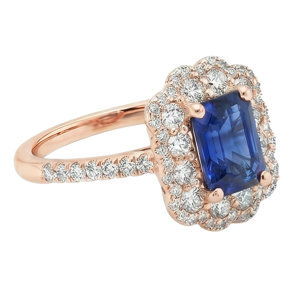 Double Halo Ring Emerald Sri Lankan Sapphire & Natural Earth Mined Diamond ( Not Lab Grown ) 5 Carats