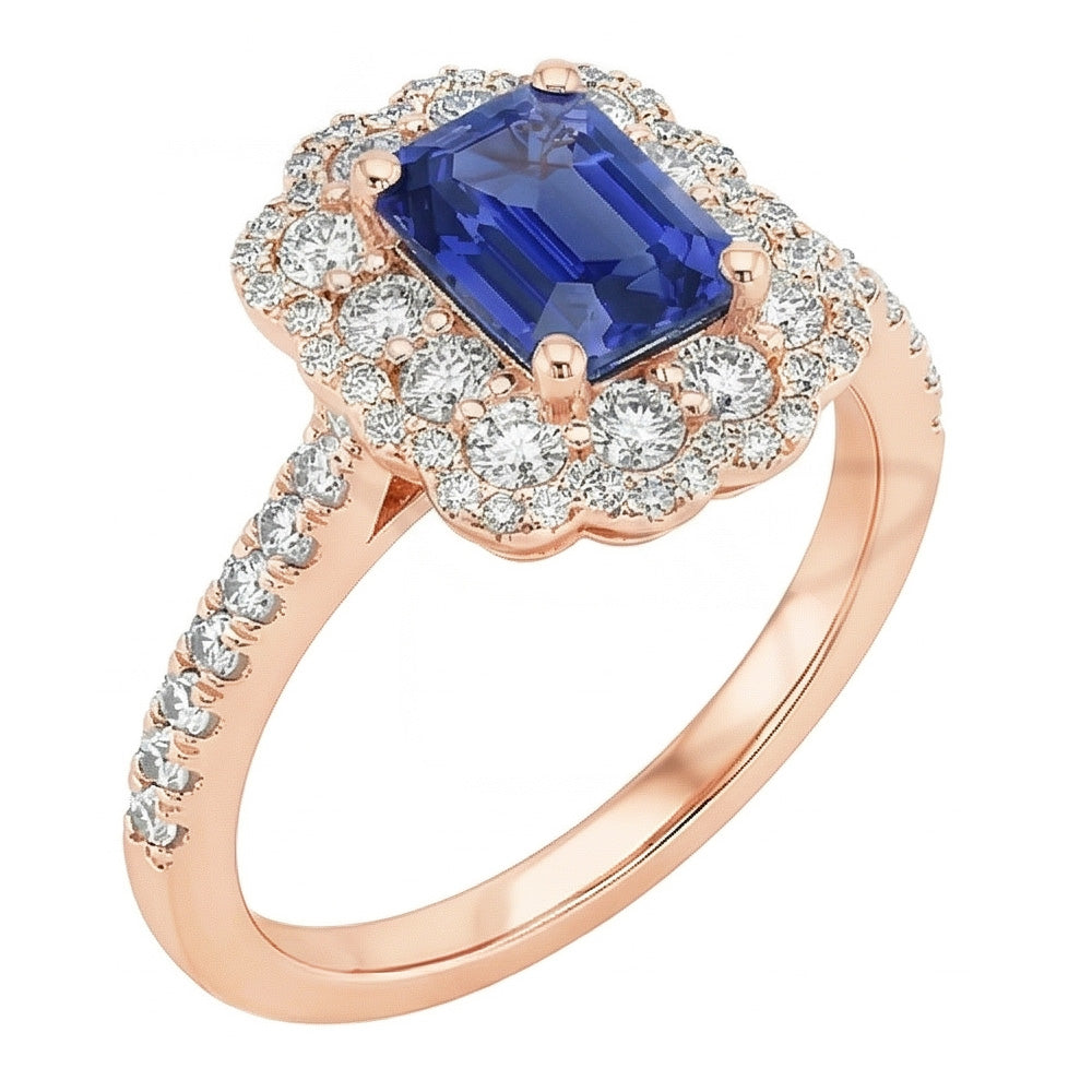 Double Halo Ring Emerald Sri Lankan Sapphire & Natural Earth Mined Diamond ( Not Lab Grown ) 5 Carats