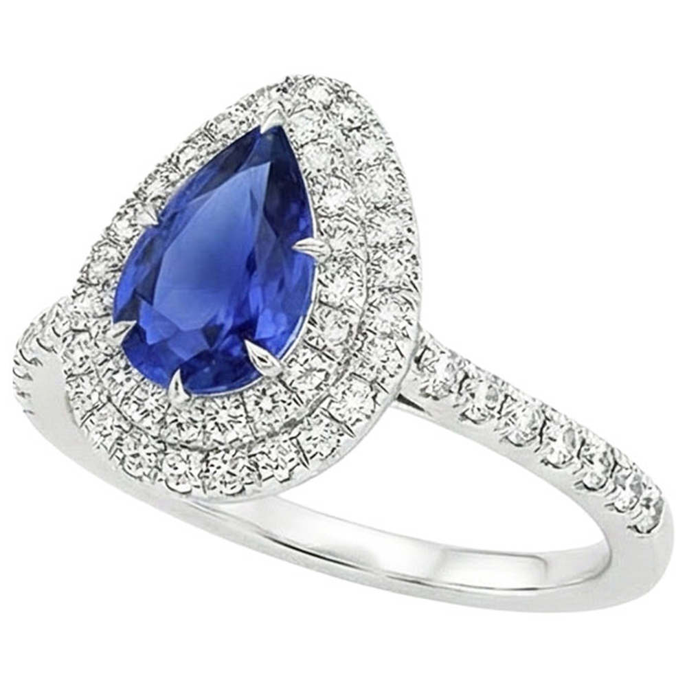 Double Halo Ring Pear Cut Ceylon Sapphire & Natural Earth Mined Diamond ( Not Lab Grown )s 4.50 Carats