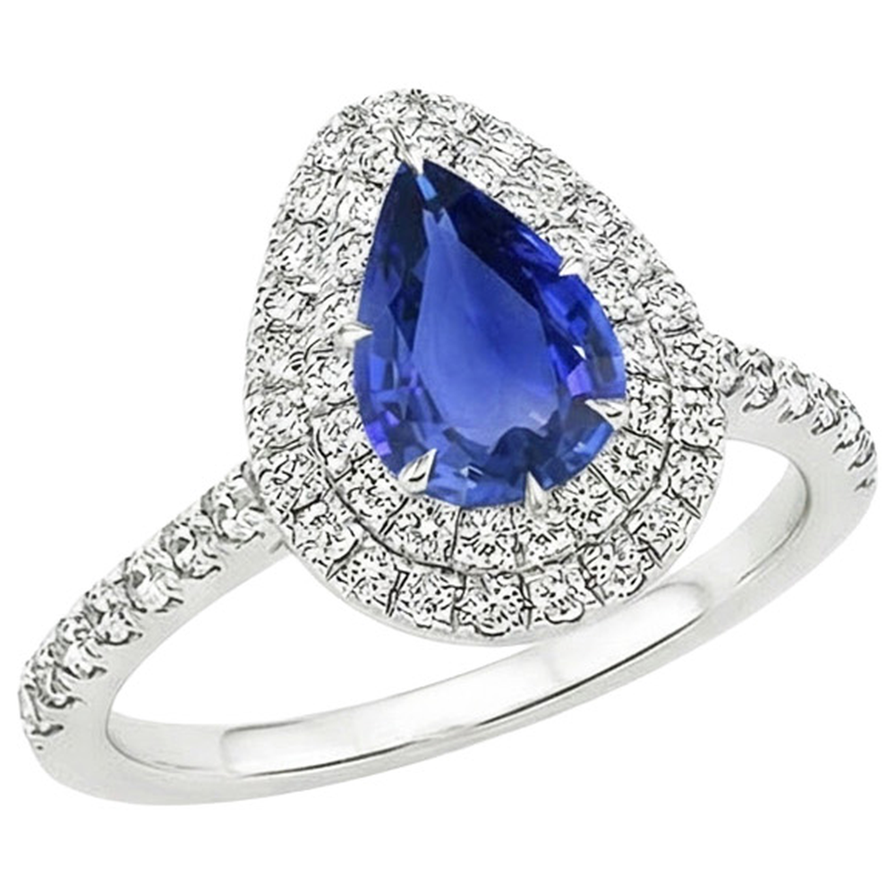 Double Halo Ring Pear Cut Ceylon Sapphire & Natural Earth Mined Diamond ( Not Lab Grown )s 4.50 Carats
