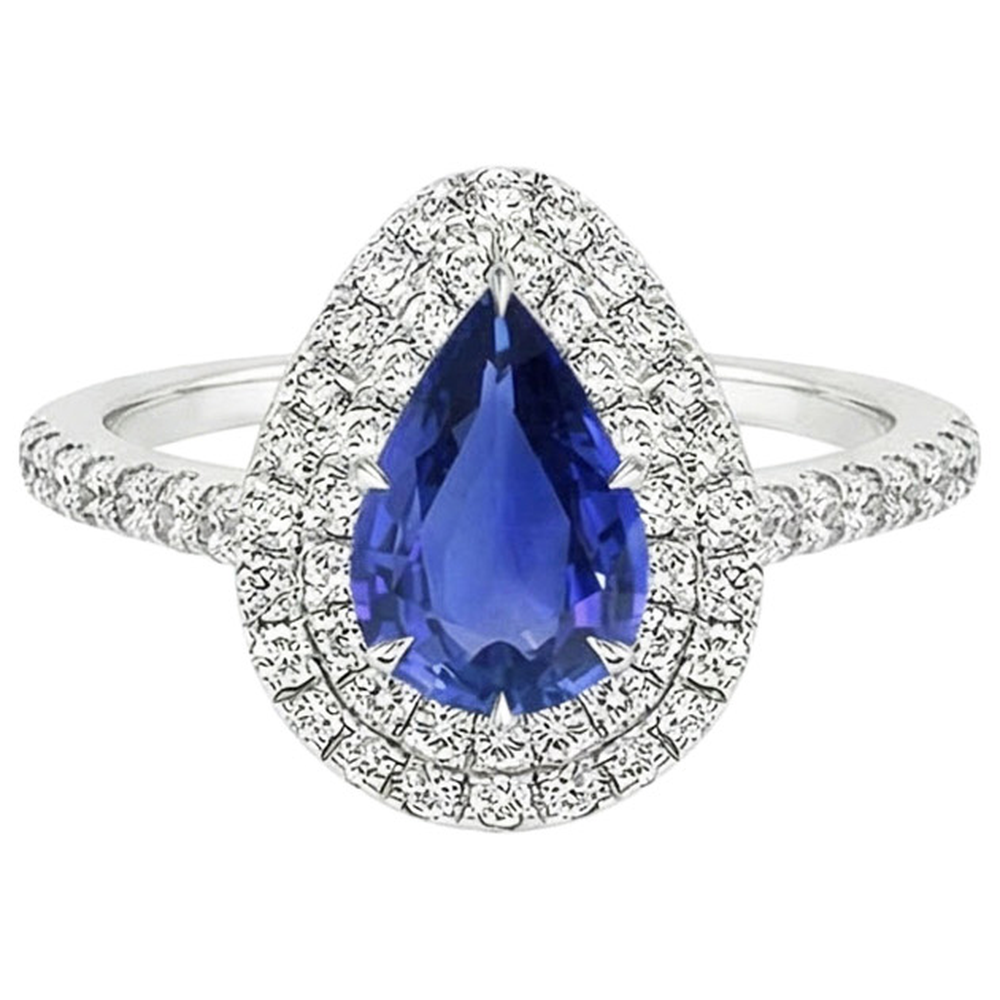 Double Halo Ring Pear Cut Ceylon Sapphire & Natural Earth Mined Diamond ( Not Lab Grown )s 4.50 Carats