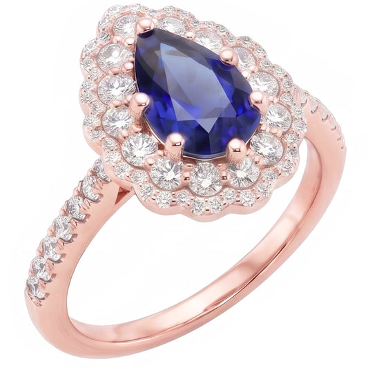 Double Halo Ring Rose Gold Flower Style Pear Ceylon Sapphire 4 Carats