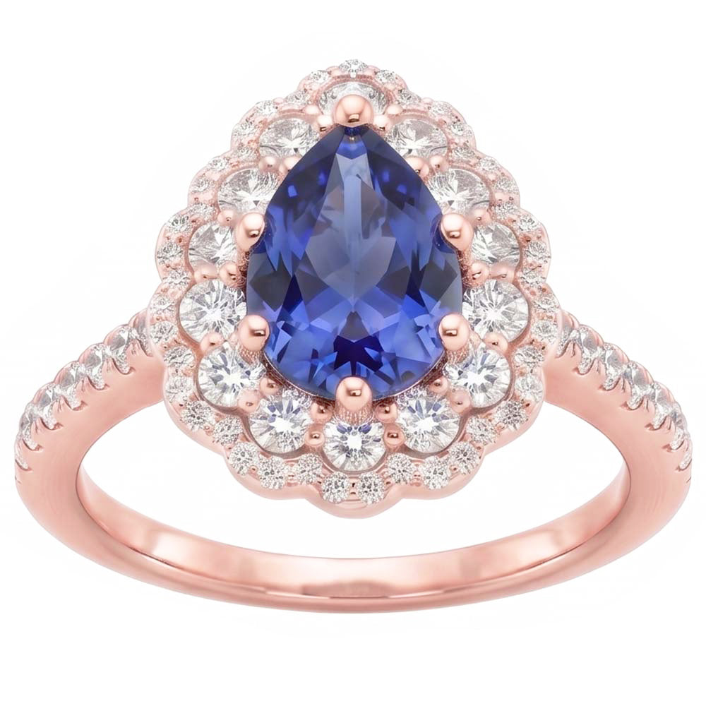Double Halo Ring Rose Gold Flower Style Pear Ceylon Sapphire 4 Carats