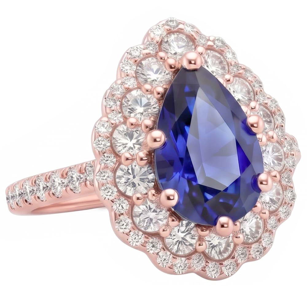 Double Halo Ring Rose Gold Flower Style Pear Ceylon Sapphire 4 Carats