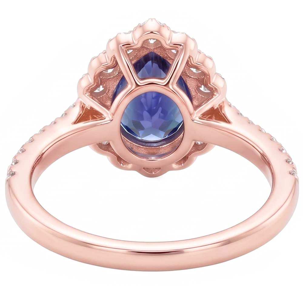 Double Halo Ring Rose Gold Flower Style Pear Ceylon Sapphire 4 Carats