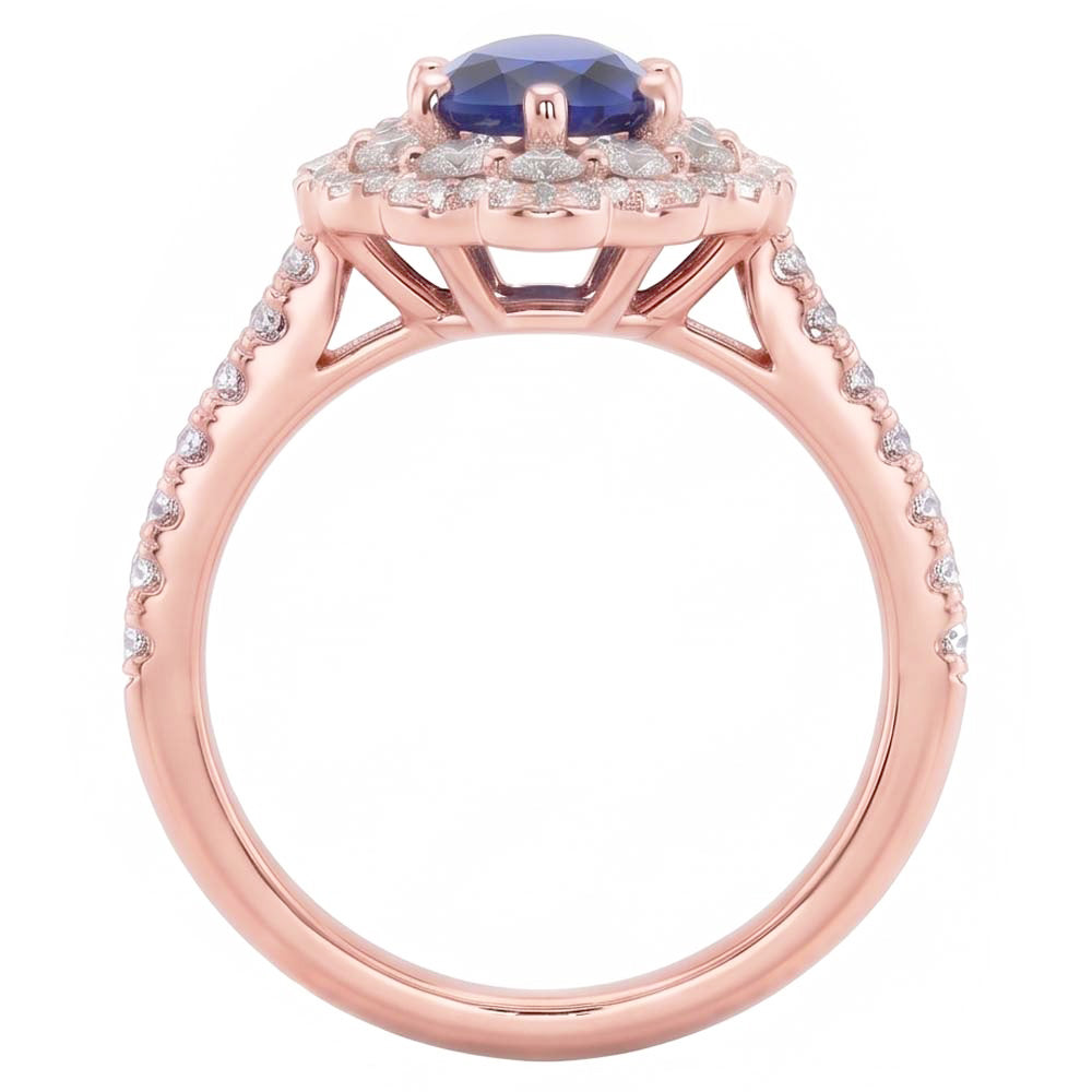 Double Halo Ring Rose Gold Flower Style Pear Ceylon Sapphire 4 Carats