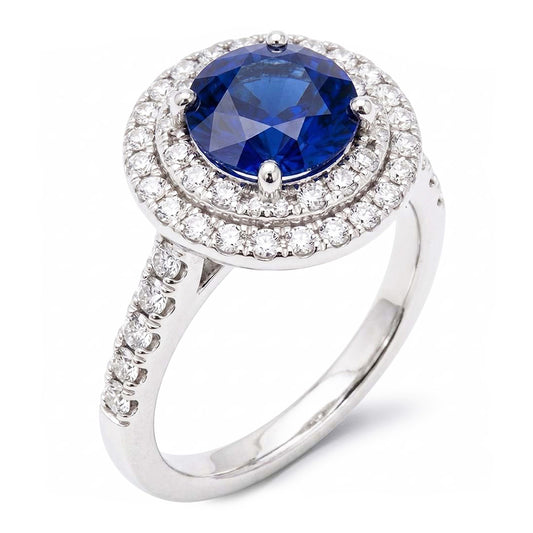 Double Halo Round Sapphire Ring 3 Carats Pave Set Natural Earth Mined Diamond ( Not Lab Grown ) Jewelry