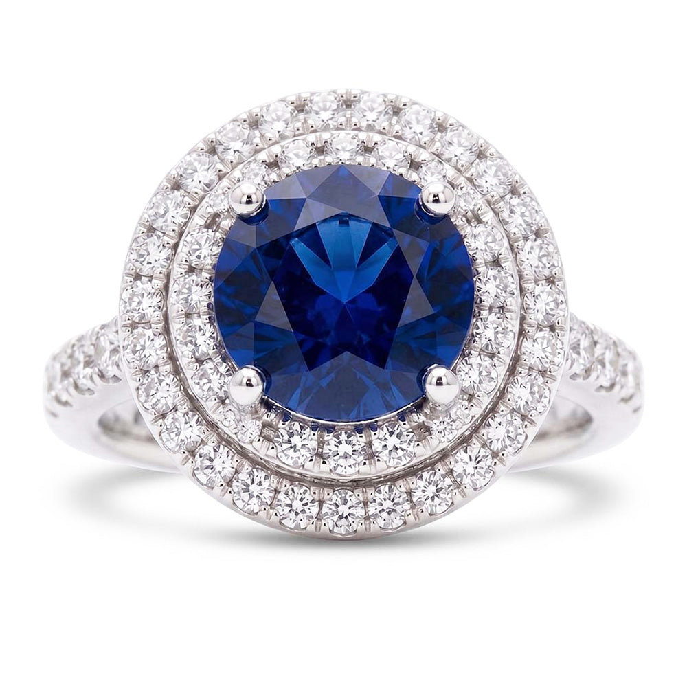 Double Halo Round Sapphire Ring 3 Carats Pave Set Natural Earth Mined Diamond ( Not Lab Grown ) Jewelry